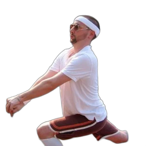 staff, man, white, shirt, brown, shorts, playing, tennis transparent PNG cut-out