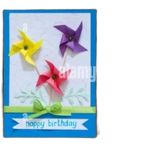 3d render, handmade, birthday, card, colorful, paper, pinwheels, wooden transparent PNG cut-out