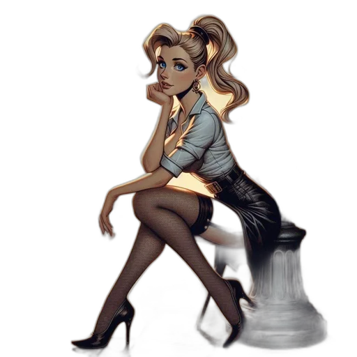 dress, staff, concept art, cartoon, fantasy art, comic book art, monochrome, dark transparent PNG cut-out