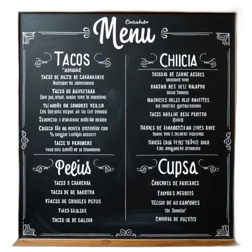 food, chalkboard, menu, various, items, listed, spanish, divided transparent PNG cut-out