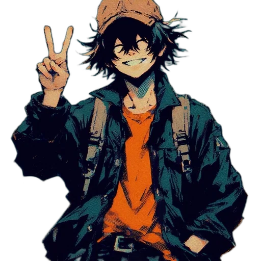 jacket, hat, staff, anime, cartoon, pixel art, comic book art, colorful transparent PNG cut-out