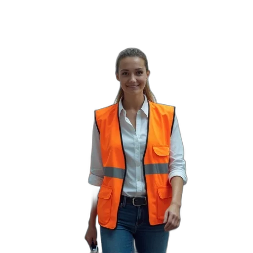 staff, jacket, woman, orange, safety, vest, walking, through transparent PNG cut-out