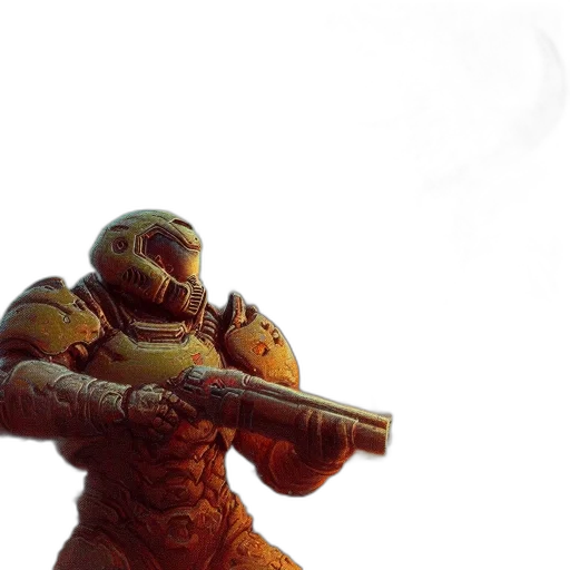robot, weapon, concept art, 3d render, outer space, golden, red, earth tones transparent PNG cut-out