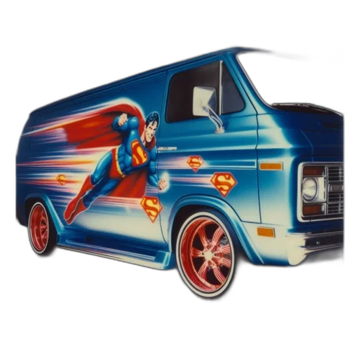 car, concept art, photorealistic, cartoon, vibrantly, decorated, blue, van transparent PNG cut-out