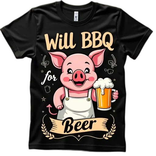 black, t-shirt, cartoon, pig, holding, beer, mug, phrase transparent PNG cut-out