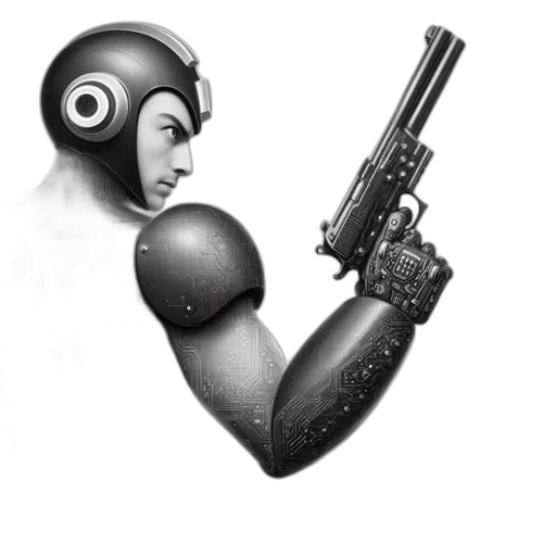 robot, weapon, mask, staff, concept art, comic book art, cyberpunk, pencil sketch transparent PNG cut-out