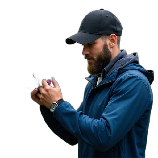 jacket, staff, hat, bottle, photorealistic, concept art, 3d render, fog transparent PNG cut-out