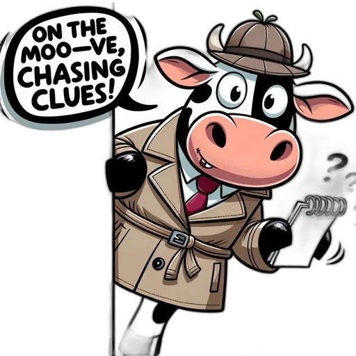 cartoon, cow, dons, detective, outfit, holding, notepad, while transparent PNG cut-out