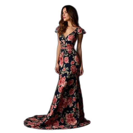 dress, woman, wearing, long, flowing, floral, pattern, has transparent PNG cut-out