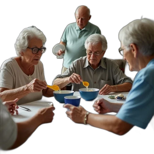 food, jewelry, photorealistic, group, elderly, people, gathered, room transparent PNG cut-out