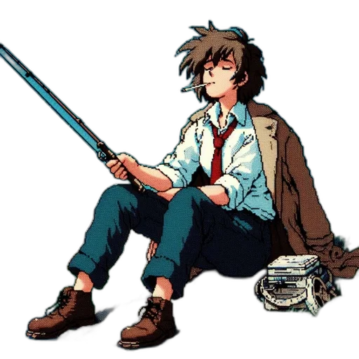 staff, sword, weapon, jacket, pixel art, concept art, anime, cartoon transparent PNG cut-out