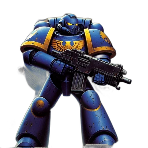 robot, weapon, concept art, pixel art, 3d render, blue, battle-worn, warrior transparent PNG cut-out