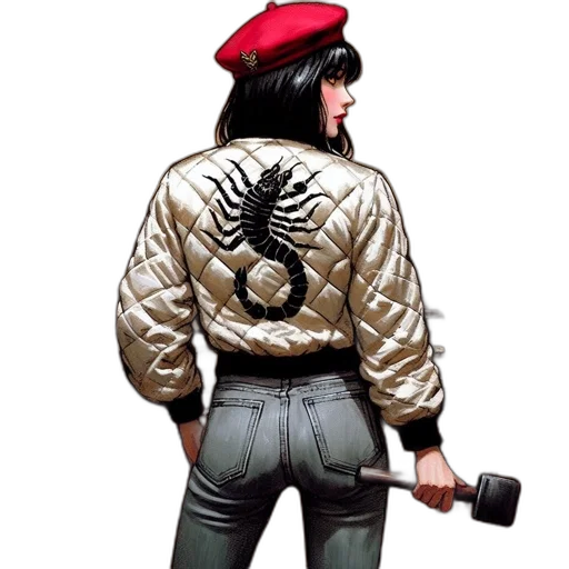 jacket, weapon, staff, concept art, comic book art, cyberpunk, pixel art, woman transparent PNG cut-out