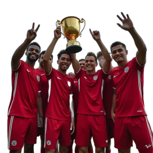 staff, players, celebrate, trophy, after, winning, football, competition transparent PNG cut-out