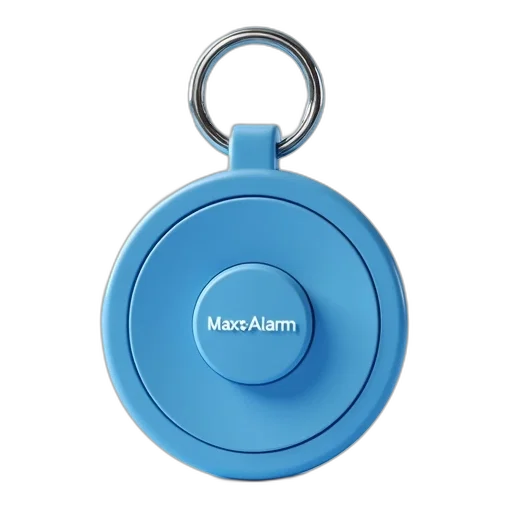 blue, maxmalarm, keychain, circular, button, front, brand, name transparent PNG cut-out