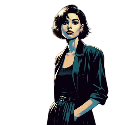 jacket, dress, comic book art, concept art, pixel art, cartoon, dark, blue transparent PNG cut-out