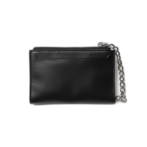 black, leather, wallet, silver, chain, attached, lying, white transparent PNG cut-out