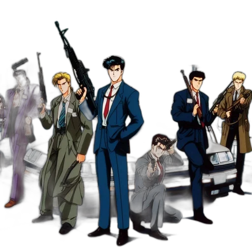 concept art, cartoon, comic book art, anime, six, individuals, wearing, suits transparent PNG cut-out