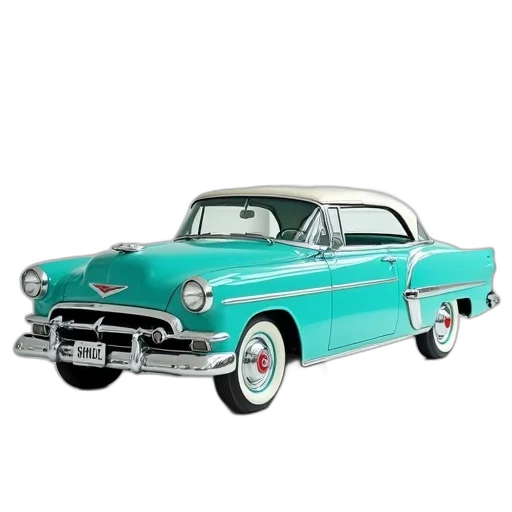 car, 3d render, photorealistic, turquoise, vintage, white, roof, parked transparent PNG cut-out