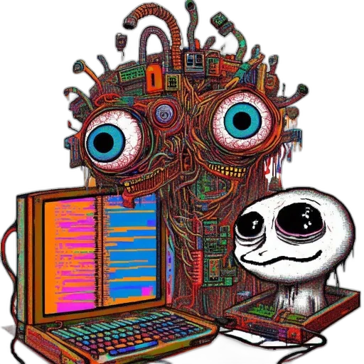 robot, creature, staff, pixel art, cyberpunk, concept art, vaporwave, outer space transparent PNG cut-out