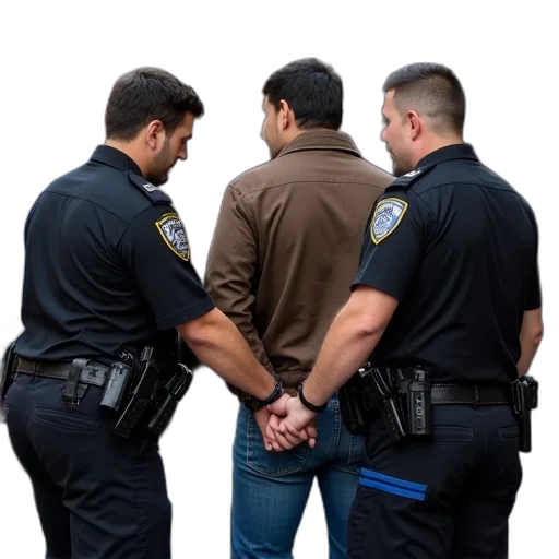staff, jacket, weapon, two, police, officers, handcuffing, man transparent PNG cut-out