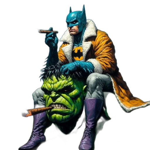 comic book art, concept art, batman, hulk, sit, together, both, smoking transparent PNG cut-out