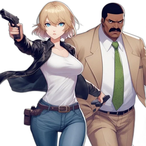weapon, jacket, concept art, comic book art, cartoon, anime, city street, two transparent PNG cut-out