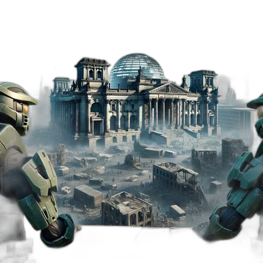concept art, fantasy art, 3d render, comic book art, green, post-apocalyptic, city, two transparent PNG cut-out