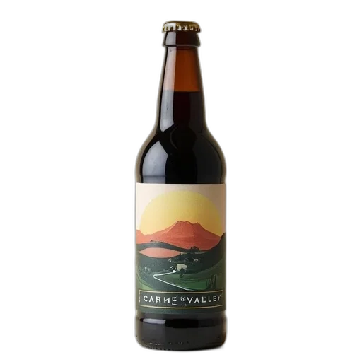 bottle, dark, beer, label, featuring, stylized, illustration, valley transparent PNG cut-out