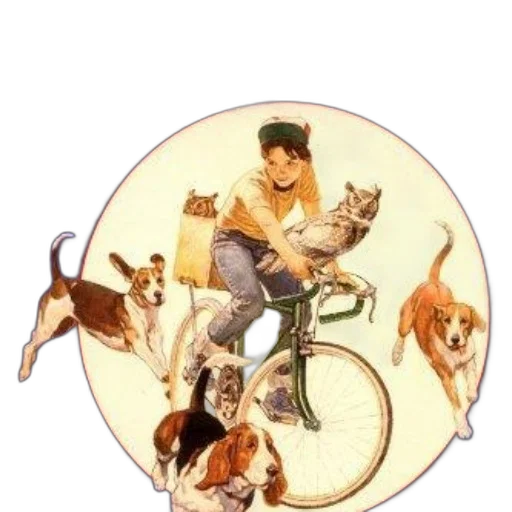 animal, concept art, vintage-style, poster, child, riding, bicycle, surrounded transparent PNG cut-out