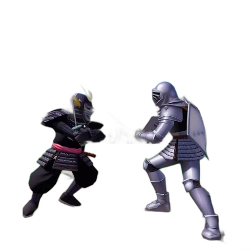 robot, sword, mask, concept art, 3d render, pixel art, monochrome, dark transparent PNG cut-out