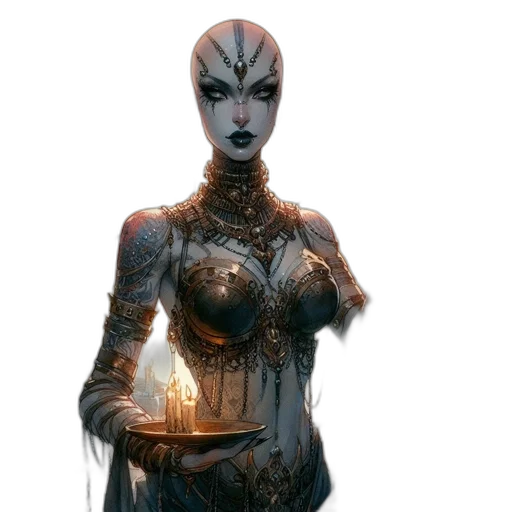 mask, jewelry, robot, staff, concept art, fantasy art, comic book art, 3d render transparent PNG cut-out