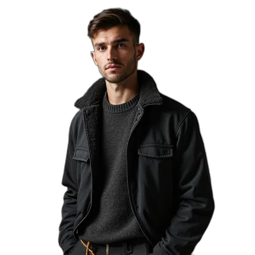 jacket, staff, face, photorealistic, 3d render, concept art, dark, earth tones transparent PNG cut-out