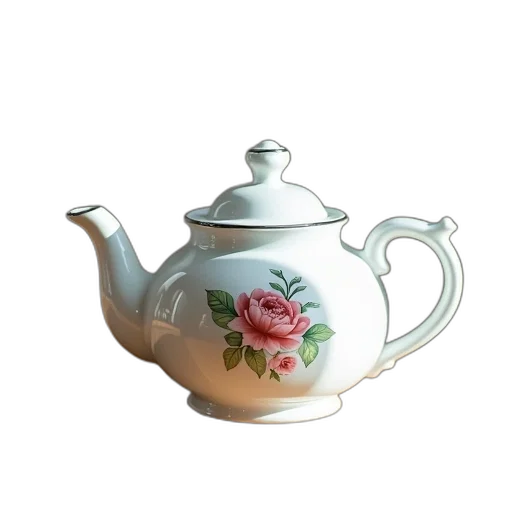 photorealistic, 3d render, oil painting, white, porcelain, teapot, floral, design transparent PNG cut-out