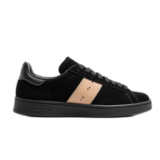 shoes, black, sneaker, sole, beige, stripe, side, displayed transparent PNG cut-out