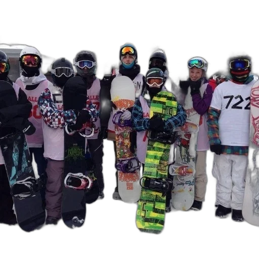 group, snowboarders, pose, photo, snow, showcasing, their, colorful transparent PNG cut-out