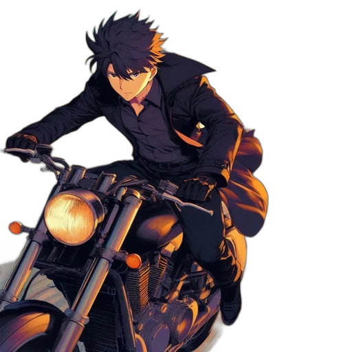 jacket, weapon, concept art, anime, pixel art, comic book art, dark, golden transparent PNG cut-out