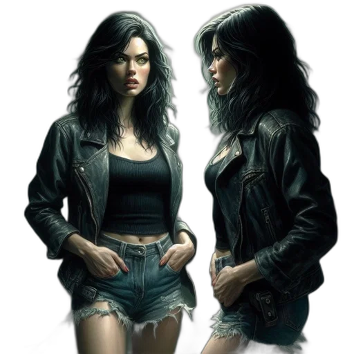 jacket, concept art, comic book art, photorealistic, fantasy art, neon lights, dark, woman transparent PNG cut-out