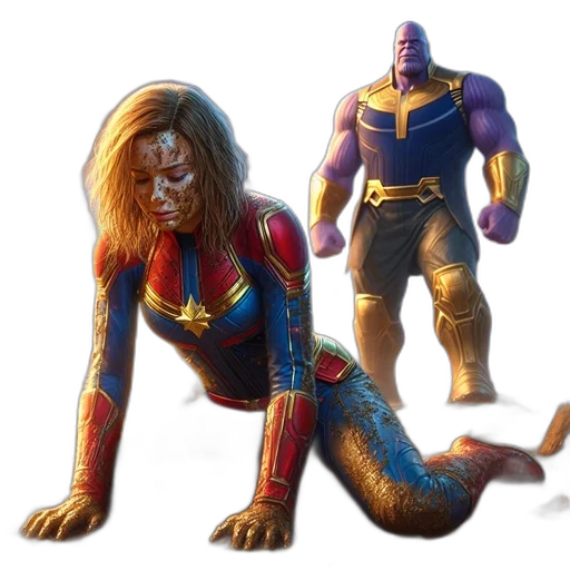 concept art, comic book art, 3d render, fantasy art, captain, marvel, kneels, rugged transparent PNG cut-out