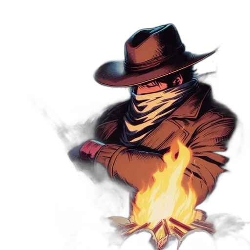 jacket, hat, staff, concept art, comic book art, fantasy art, pixel art, fire transparent PNG cut-out