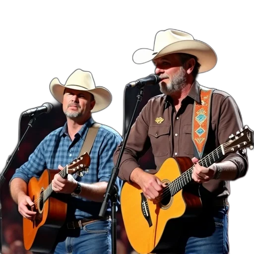 two, men, performing, stage, each, holding, guitar, both transparent PNG cut-out