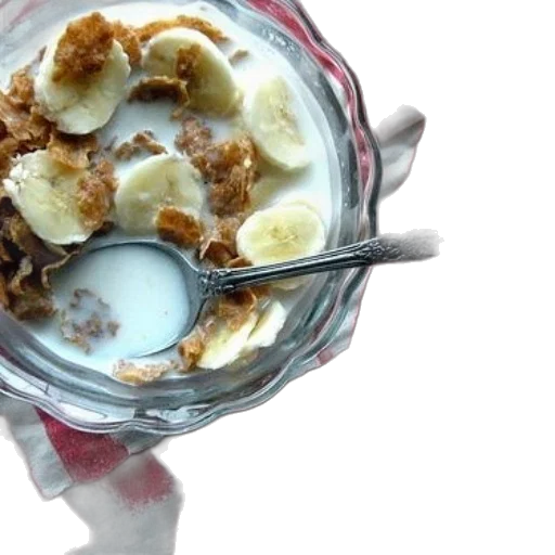 food, bowl, cereal, bananas, milk, red, white, striped transparent PNG cut-out