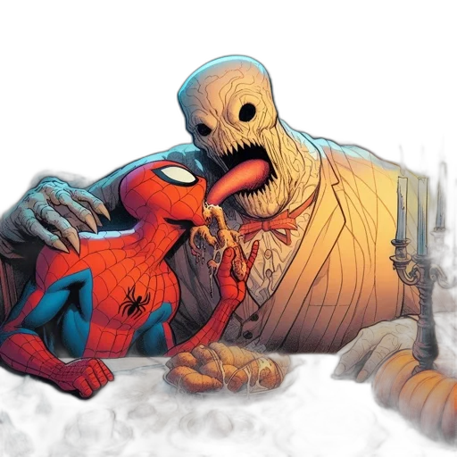 comic book art, concept art, spider-man, shares, meal, imposing, creature, inside transparent PNG cut-out