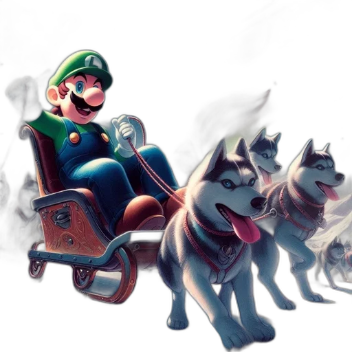 concept art, fantasy art, comic book art, 3d render, green, luigi, rides, husky-pulled transparent PNG cut-out