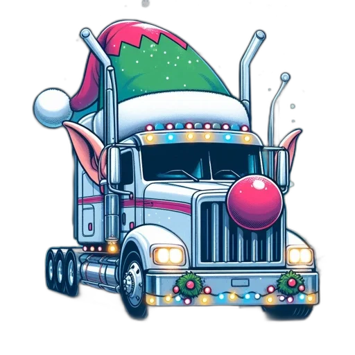 decorated, semi-truck, resembling, santa, claus, drives, through, snowy transparent PNG cut-out