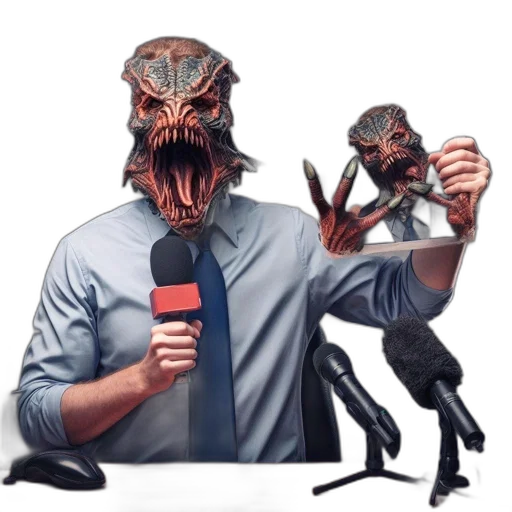 mask, creature, staff, face, concept art, unconventional, news, reporter transparent PNG cut-out