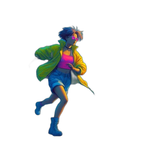 jacket, weapon, creature, staff, concept art, pixel art, 3d render, vaporwave transparent PNG cut-out