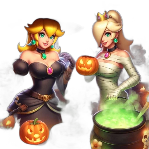 concept art, fantasy art, pixel art, 3d render, two, animated, females, halloween transparent PNG cut-out