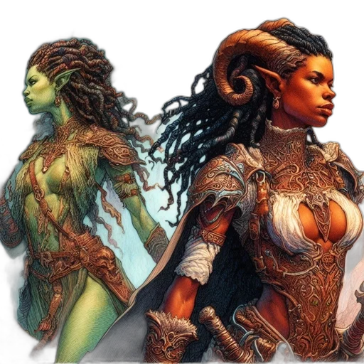 concept art, fantasy art, comic book art, earth tones, green, golden, two, female transparent PNG cut-out