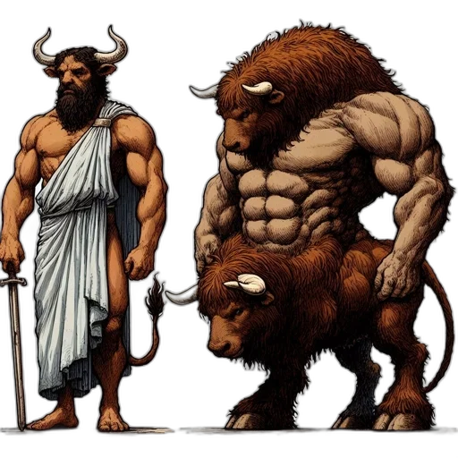 concept art, fantasy art, comic book art, two, bull-man, figures, one, muscular transparent PNG cut-out